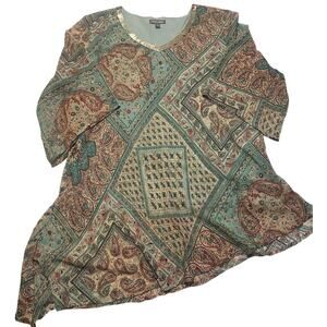 Roz & Ali Teal & Gold Paisley Asymmetrical Hem Sparkle Boho Blouse Plus Size 3X